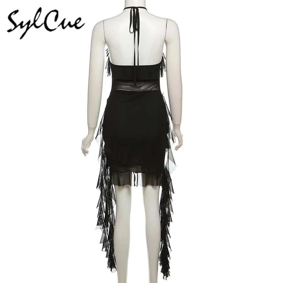 Sylcue 2024 Spring New Sweet Gentle Sexy Mature Beautiful Elegant Party Queen Women'S Short Neck Ruffled Tassel Dress