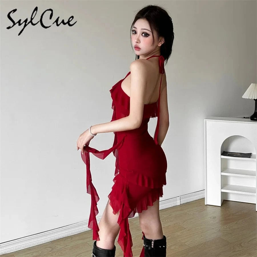 Sylcue 2024 Spring New Sweet Gentle Sexy Mature Beautiful Elegant Party Queen Women'S Short Neck Ruffled Tassel Dress