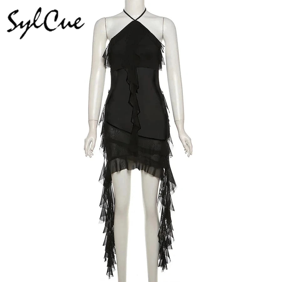 Sylcue 2024 Spring New Sweet Gentle Sexy Mature Beautiful Elegant Party Queen Women'S Short Neck Ruffled Tassel Dress