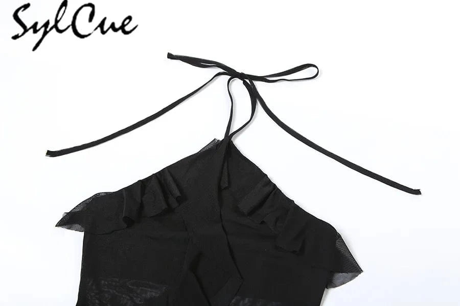 Sylcue 2024 Spring New Sweet Gentle Sexy Mature Beautiful Elegant Party Queen Women'S Short Neck Ruffled Tassel Dress