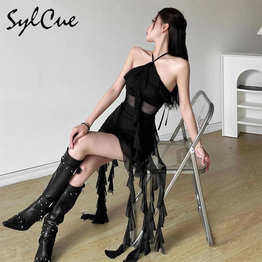 Sylcue 2024 Spring New Sweet Gentle Sexy Mature Beautiful Elegant Party Queen Women'S Short Neck Ruffled Tassel Dress