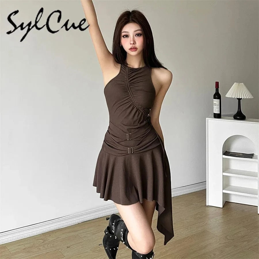 Sylcue 2025 Spring New Party Queen Sweet Gentle Cute High Street Elegant Mature Sexy Women'S Sleeveless Pleated Dress