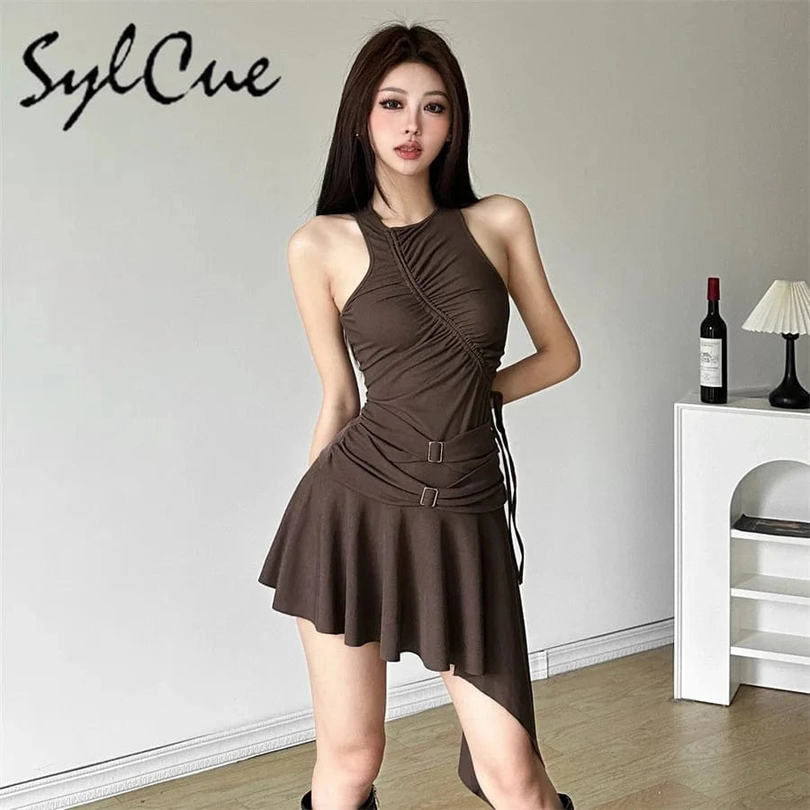 Sylcue 2025 Spring New Party Queen Sweet Gentle Cute High Street Elegant Mature Sexy Women'S Sleeveless Pleated Dress