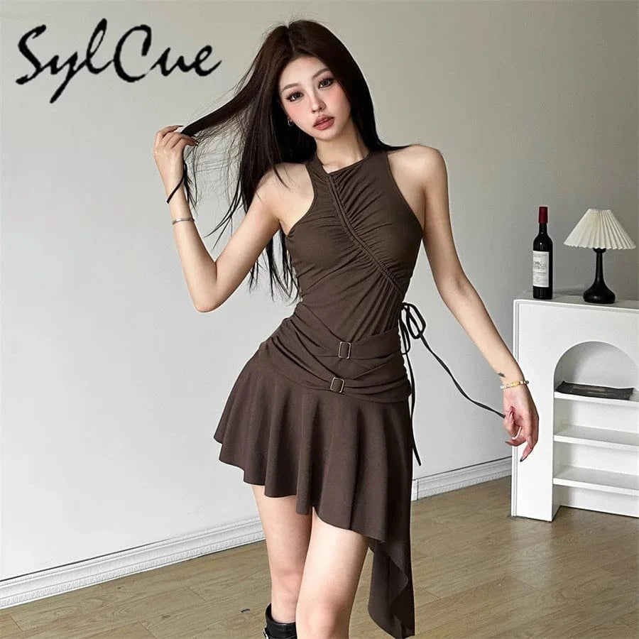 Sylcue 2025 Spring New Party Queen Sweet Gentle Cute High Street Elegant Mature Sexy Women'S Sleeveless Pleated Dress