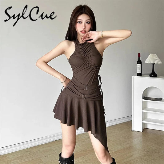 Sylcue 2025 Spring New Party Queen Sweet Gentle Cute High Street Elegant Mature Sexy Women'S Sleeveless Pleated Dress