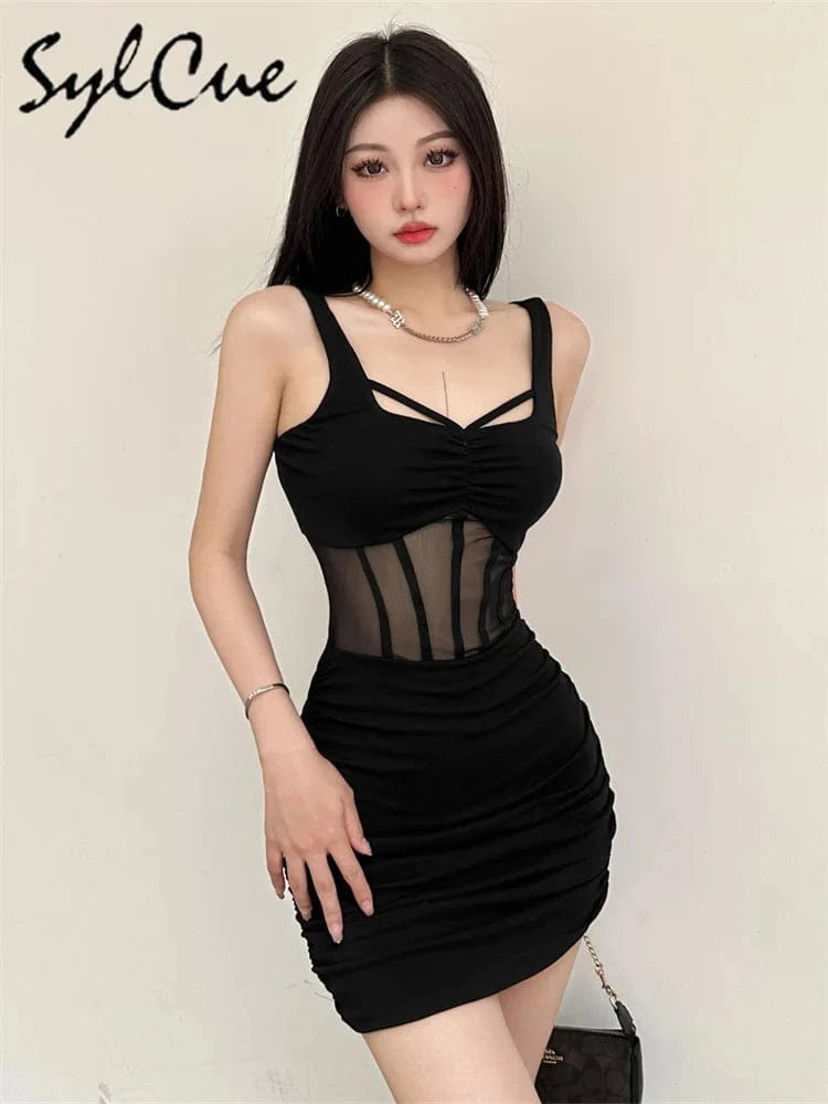 Sylcue Black Mysterious Sexy Mature Beautiful Tight Hot Confident Summer Party Intellectual Elegant Simple Women'S Strap Dress