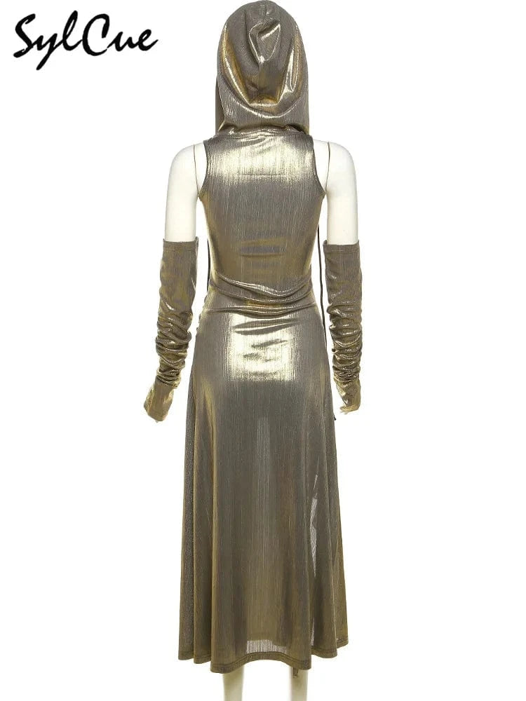 Sylcue Metallic Retro Matte Trendy Distinctive Summer High Street Travel Cool Confident Sexy Women's Hooded Dress With Sleeves