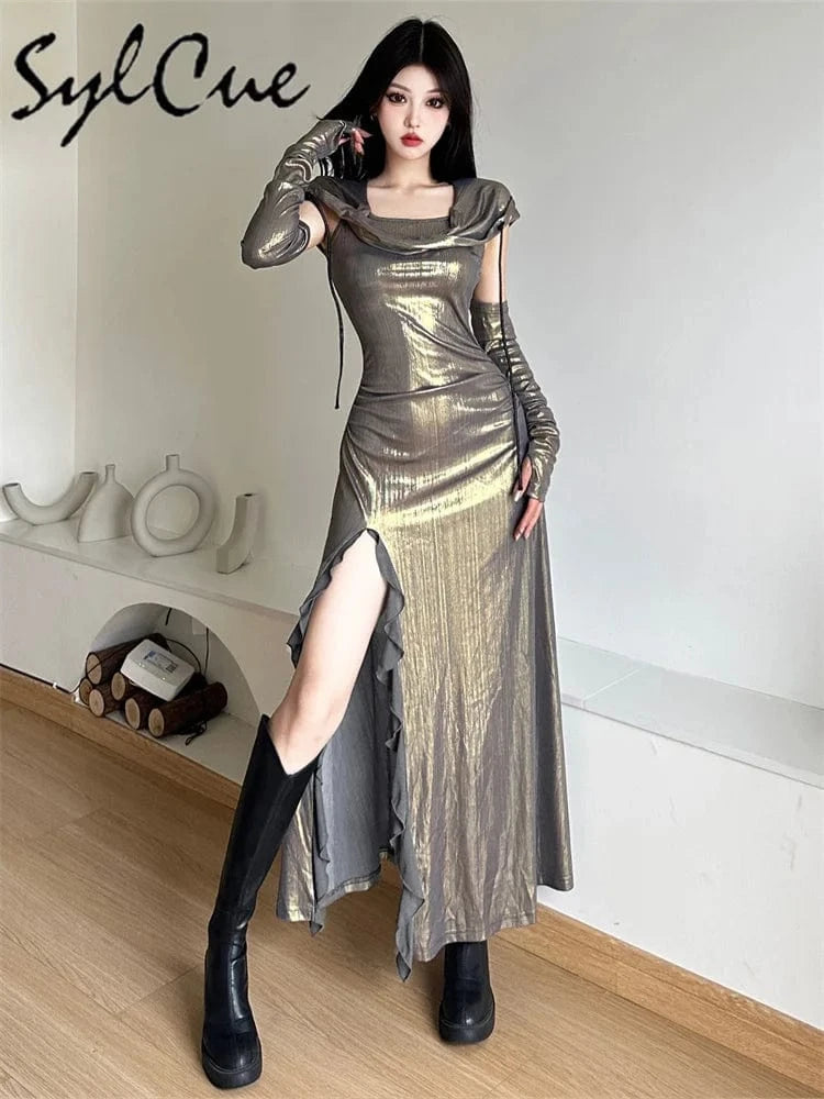 Sylcue Metallic Retro Matte Trendy Distinctive Summer High Street Travel Cool Confident Sexy Women's Hooded Dress With Sleeves