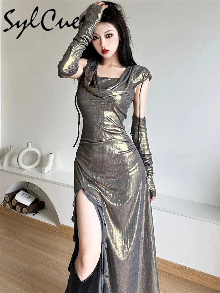 Sylcue Metallic Retro Matte Trendy Distinctive Summer High Street Travel Cool Confident Sexy Women's Hooded Dress With Sleeves