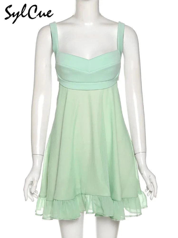 Sylcue Mint Green Fresh Forest Girl Vitality Cute Playful Natural Free Breathable Summer Sexy Women's Suspender Dress A-Line