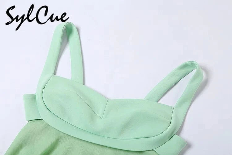 Sylcue Mint Green Fresh Forest Girl Vitality Cute Playful Natural Free Breathable Summer Sexy Women's Suspender Dress A-Line