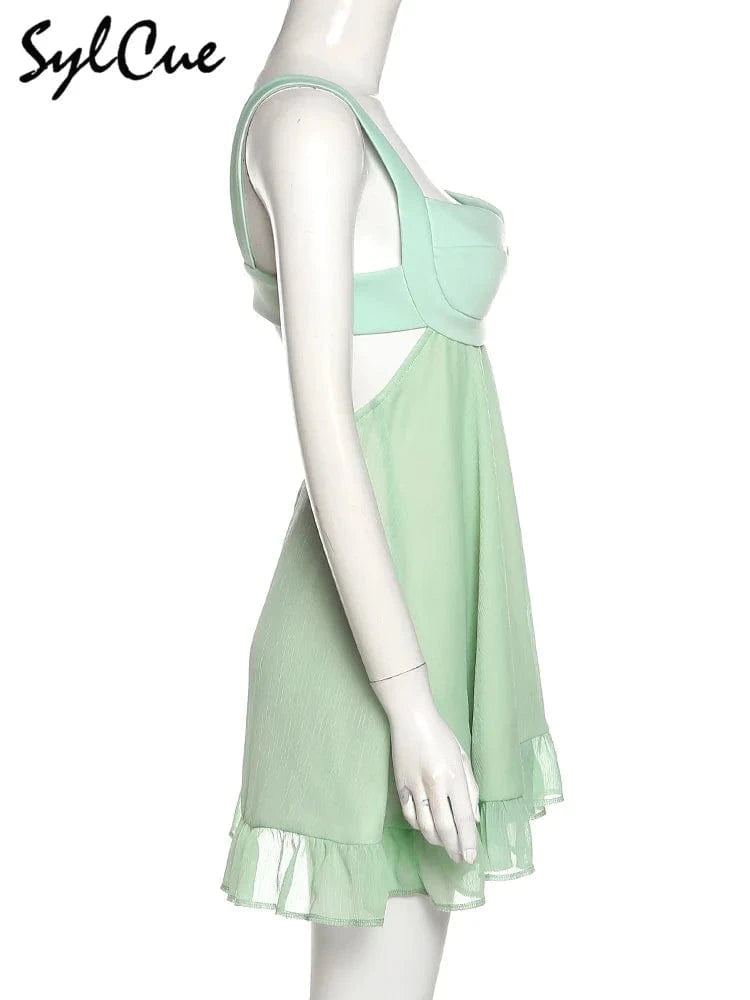 Sylcue Mint Green Fresh Forest Girl Vitality Cute Playful Natural Free Breathable Summer Sexy Women's Suspender Dress A-Line