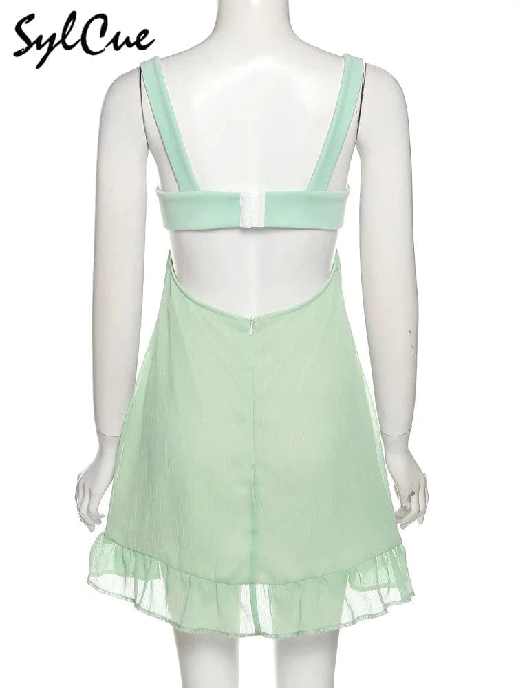 Sylcue Mint Green Fresh Forest Girl Vitality Cute Playful Natural Free Breathable Summer Sexy Women's Suspender Dress A-Line