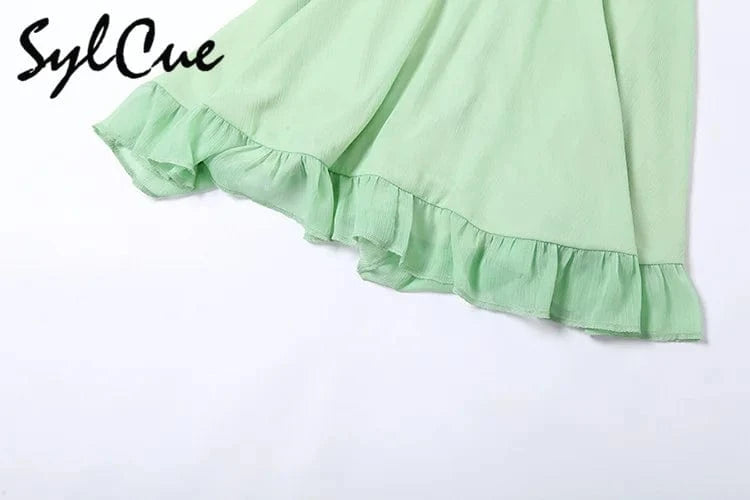 Sylcue Mint Green Fresh Forest Girl Vitality Cute Playful Natural Free Breathable Summer Sexy Women's Suspender Dress A-Line