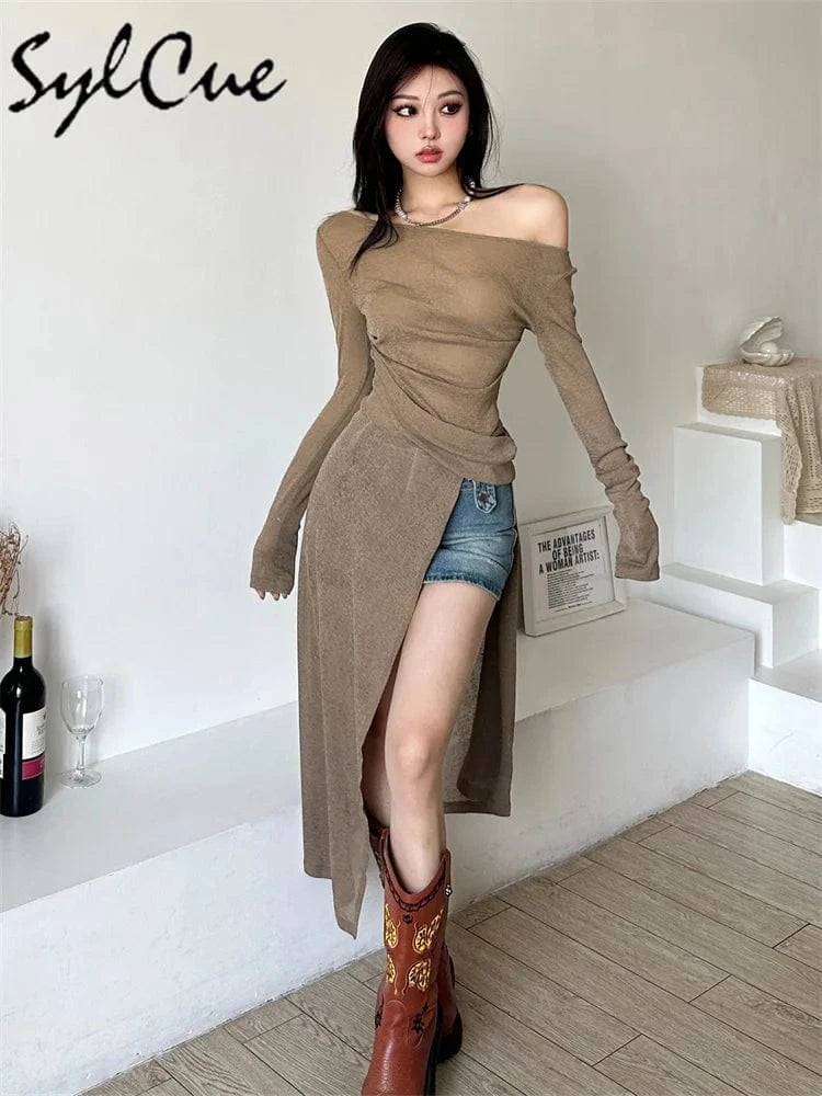 Sylcue Solid Color Simple Casual Fashionable Personality Sexy Mature Beautiful Confident Summer Party Women's Long Sleeve Dress