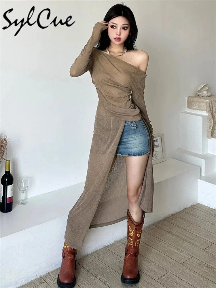 Sylcue Solid Color Simple Casual Fashionable Personality Sexy Mature Beautiful Confident Summer Party Women's Long Sleeve Dress