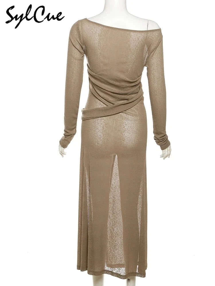 Sylcue Solid Color Simple Casual Fashionable Personality Sexy Mature Beautiful Confident Summer Party Women's Long Sleeve Dress