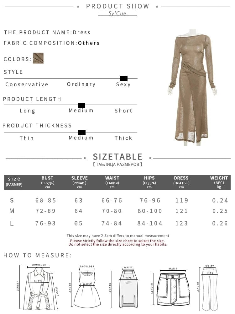 Sylcue Solid Color Simple Casual Fashionable Personality Sexy Mature Beautiful Confident Summer Party Women's Long Sleeve Dress