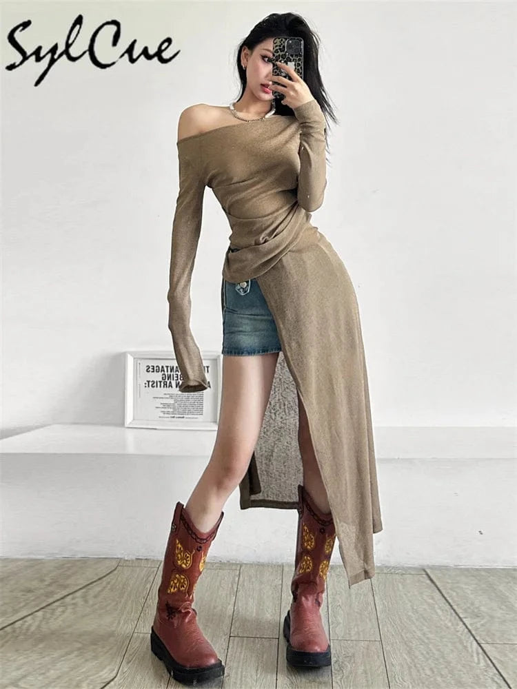 Sylcue Solid Color Simple Casual Fashionable Personality Sexy Mature Beautiful Confident Summer Party Women's Long Sleeve Dress