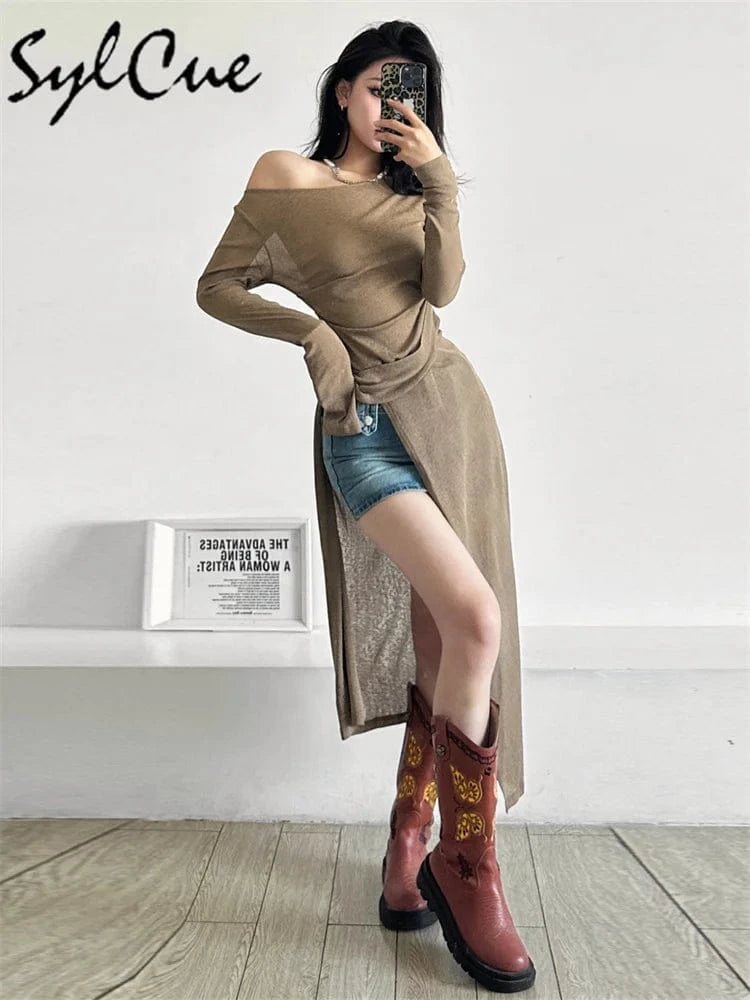 Sylcue Solid Color Simple Casual Fashionable Personality Sexy Mature Beautiful Confident Summer Party Women's Long Sleeve Dress