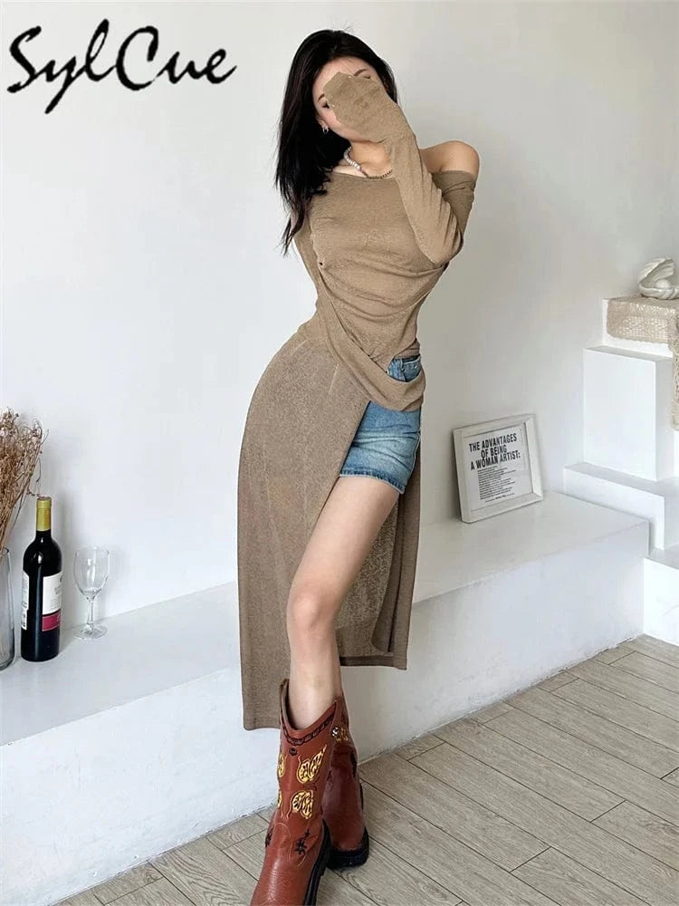 Sylcue Solid Color Simple Casual Fashionable Personality Sexy Mature Beautiful Confident Summer Party Women's Long Sleeve Dress