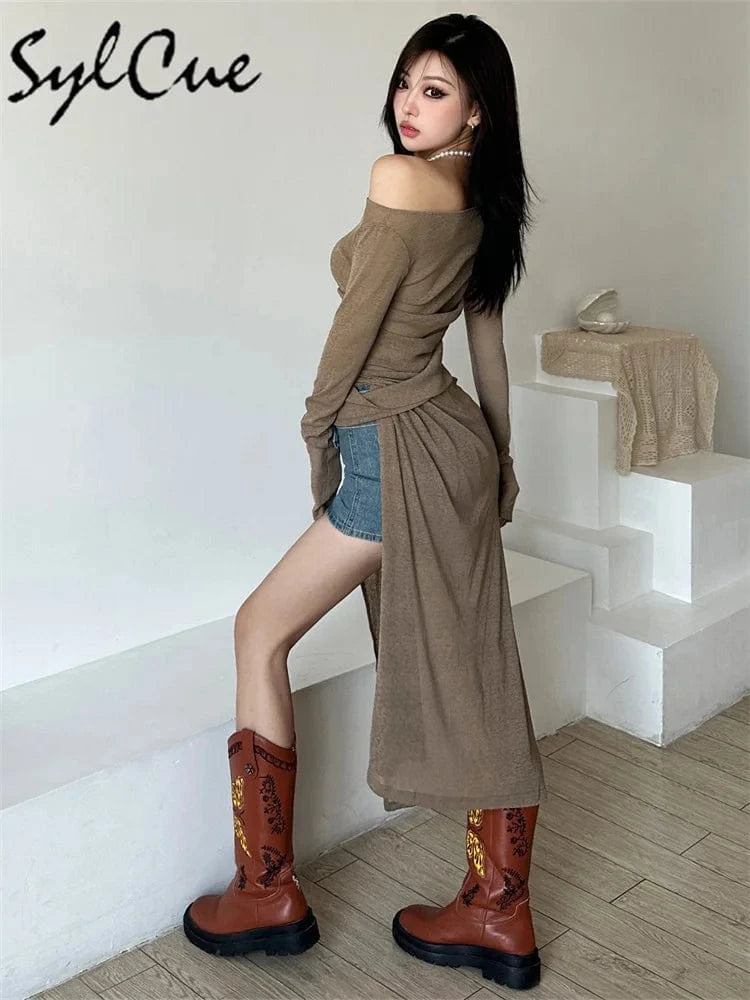 Sylcue Solid Color Simple Casual Fashionable Personality Sexy Mature Beautiful Confident Summer Party Women's Long Sleeve Dress