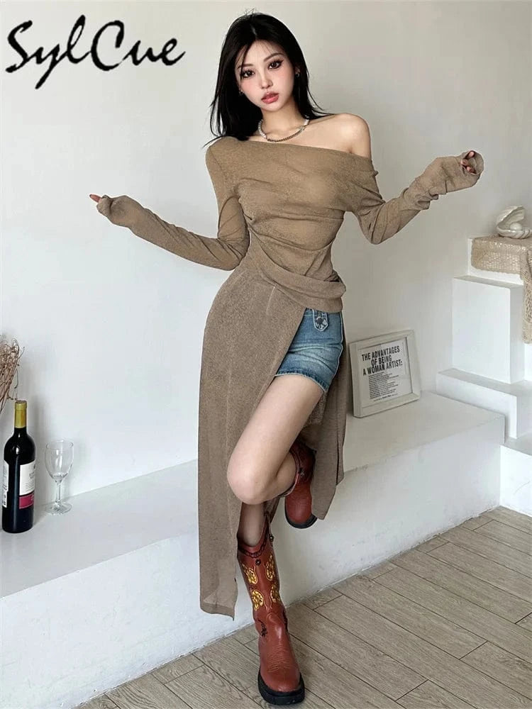 Sylcue Solid Color Simple Casual Fashionable Personality Sexy Mature Beautiful Confident Summer Party Women's Long Sleeve Dress