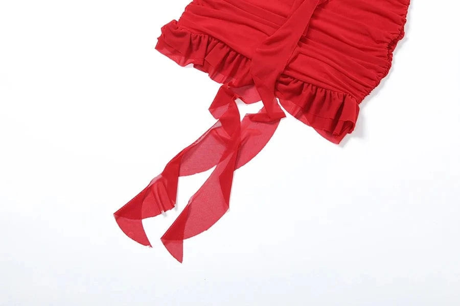 Sylcue Spring New Sweet Gentle Red Sexy Confident High Street Mature Beautiful Cool Women'S Short Ruffled Halter Dress
