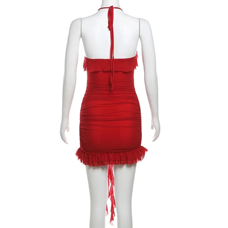 Sylcue Spring New Sweet Gentle Red Sexy Confident High Street Mature Beautiful Cool Women'S Short Ruffled Halter Dress