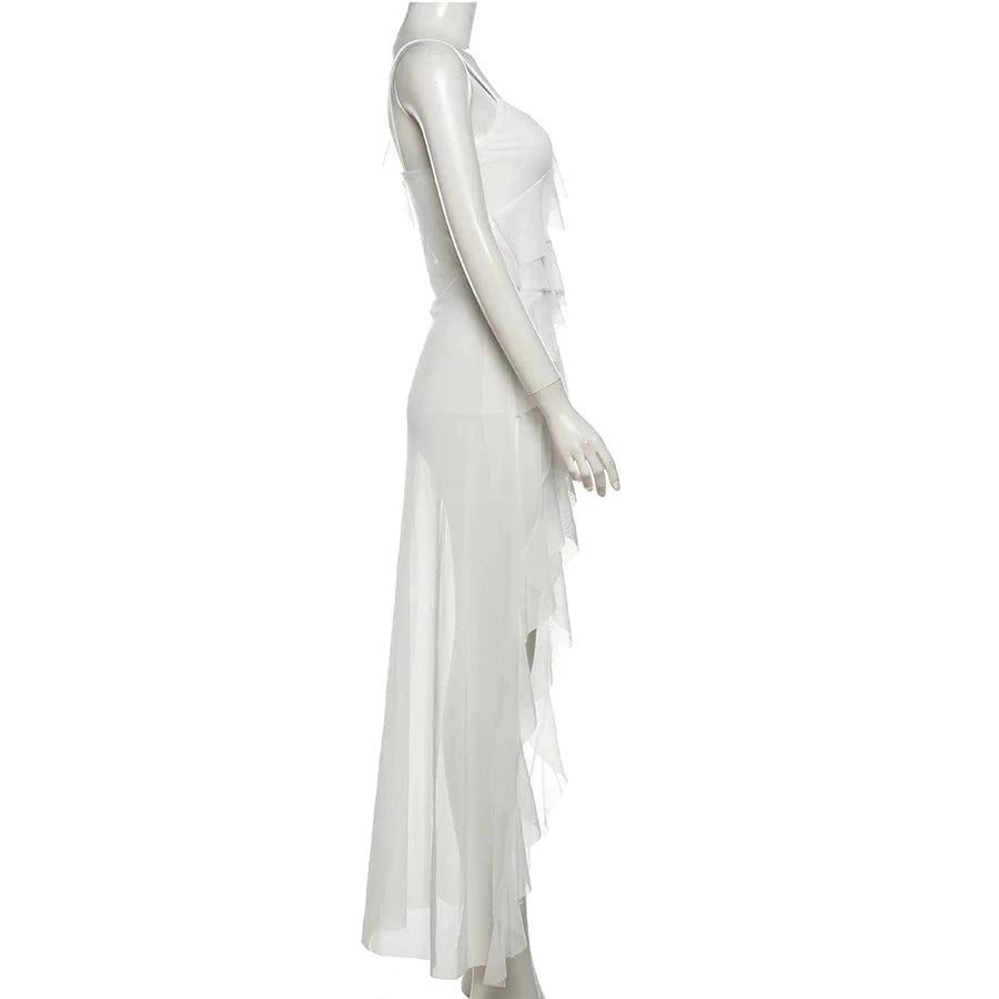 Sylcue White Sweet Gentle Mature Sexy Beautiful Summer Street Out Women'S Thin Perspective Tassel Design Long Sling Dress