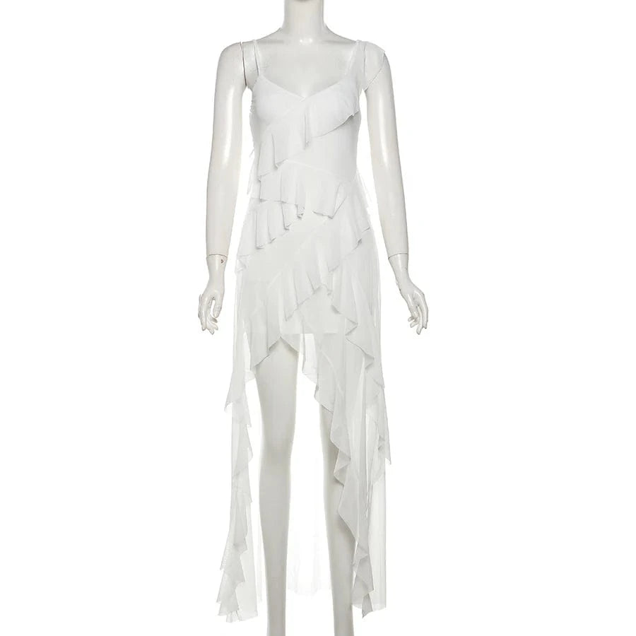 Sylcue White Sweet Gentle Mature Sexy Beautiful Summer Street Out Women'S Thin Perspective Tassel Design Long Sling Dress