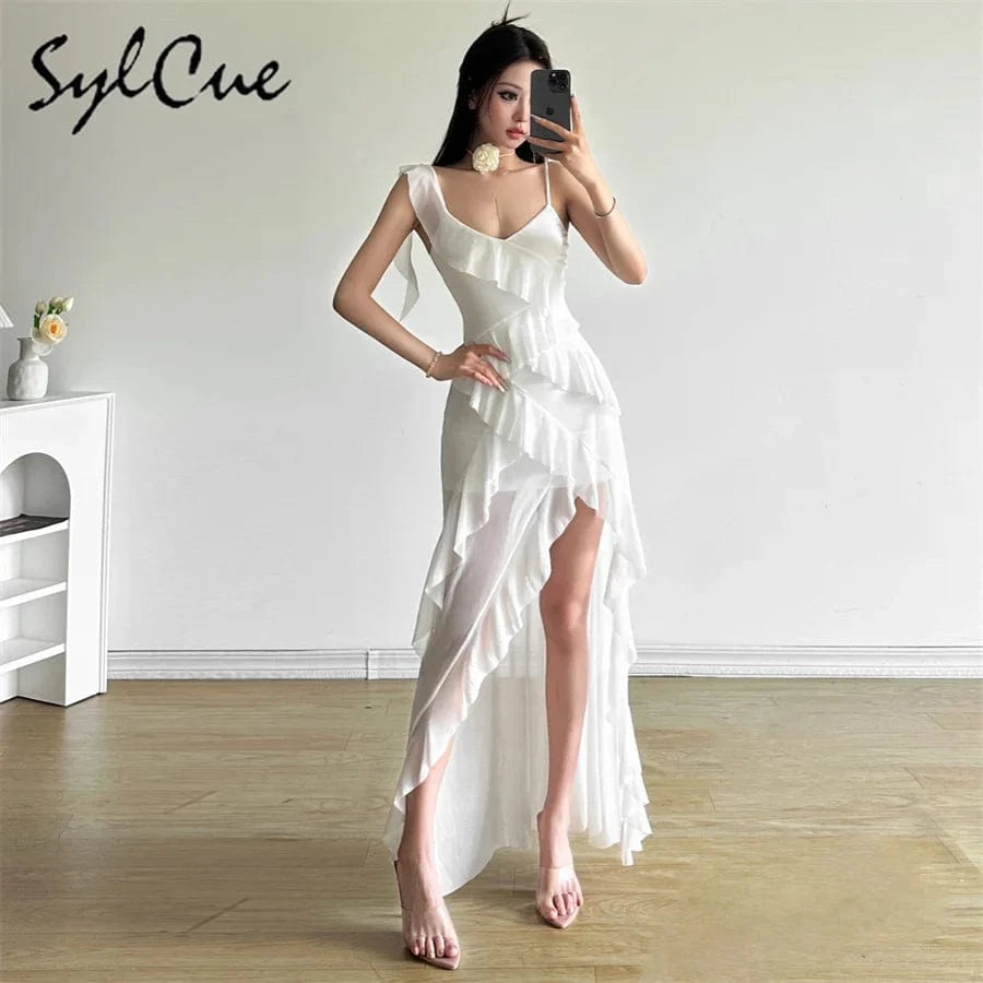 Sylcue White Sweet Gentle Mature Sexy Beautiful Summer Street Out Women'S Thin Perspective Tassel Design Long Sling Dress