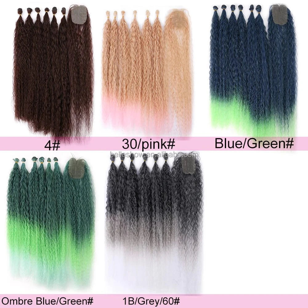 Synthetic Long Kinky Curly Hair Weave Bundles Hair Extensions Ombre Brown Pink Grey Loose Deep Wave Bulk Hair For Women Blonde
