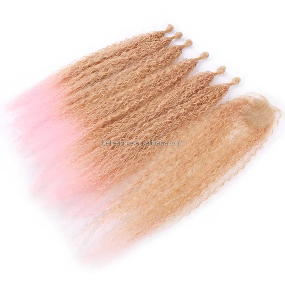 Synthetic Long Kinky Curly Hair Weave Bundles Hair Extensions Ombre Brown Pink Grey Loose Deep Wave Bulk Hair For Women Blonde