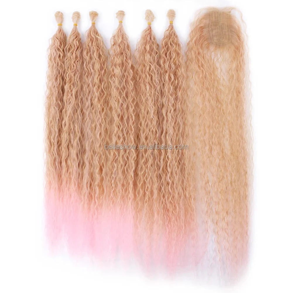 Synthetic Long Kinky Curly Hair Weave Bundles Hair Extensions Ombre Brown Pink Grey Loose Deep Wave Bulk Hair For Women Blonde