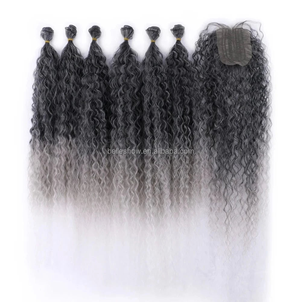 Synthetic Long Kinky Curly Hair Weave Bundles Hair Extensions Ombre Brown Pink Grey Loose Deep Wave Bulk Hair For Women Blonde