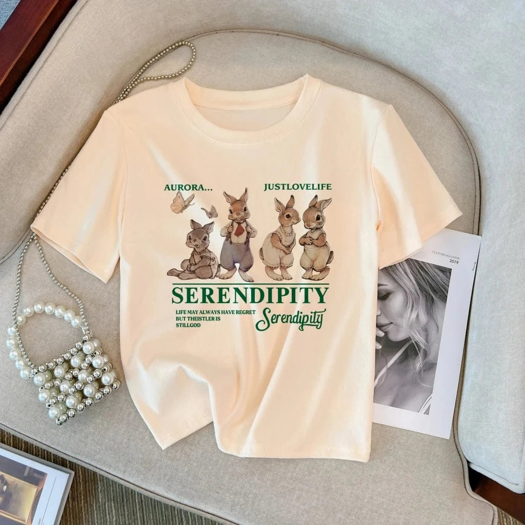 T-Shirt for Women 2023 Summer New Design Printed Cute Rabbit Streetwear T-Shirt Slim Breathable Cotton Ladies T-Shirt