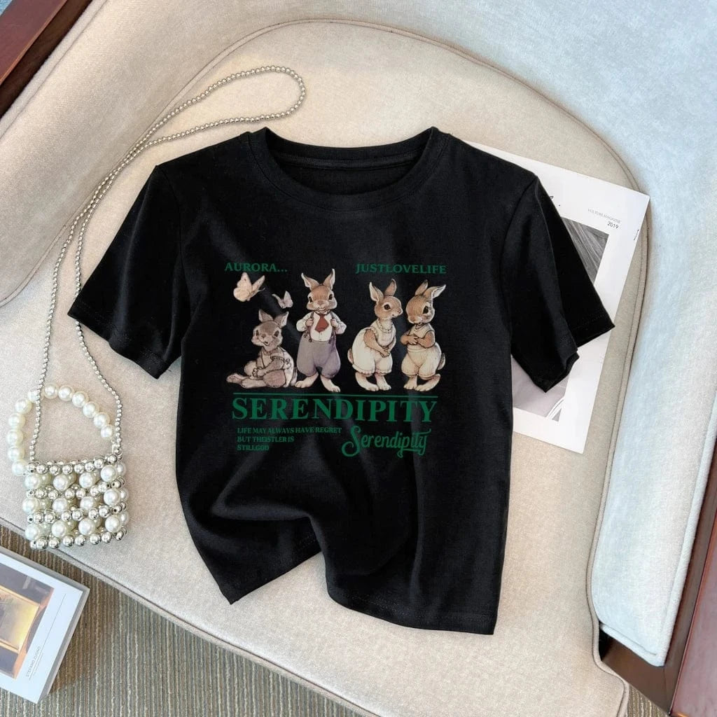 T-Shirt for Women 2023 Summer New Design Printed Cute Rabbit Streetwear T-Shirt Slim Breathable Cotton Ladies T-Shirt