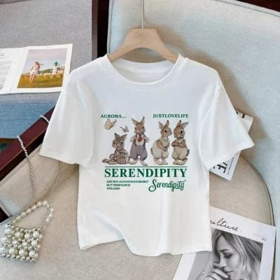 T-Shirt for Women 2023 Summer New Design Printed Cute Rabbit Streetwear T-Shirt Slim Breathable Cotton Ladies T-Shirt
