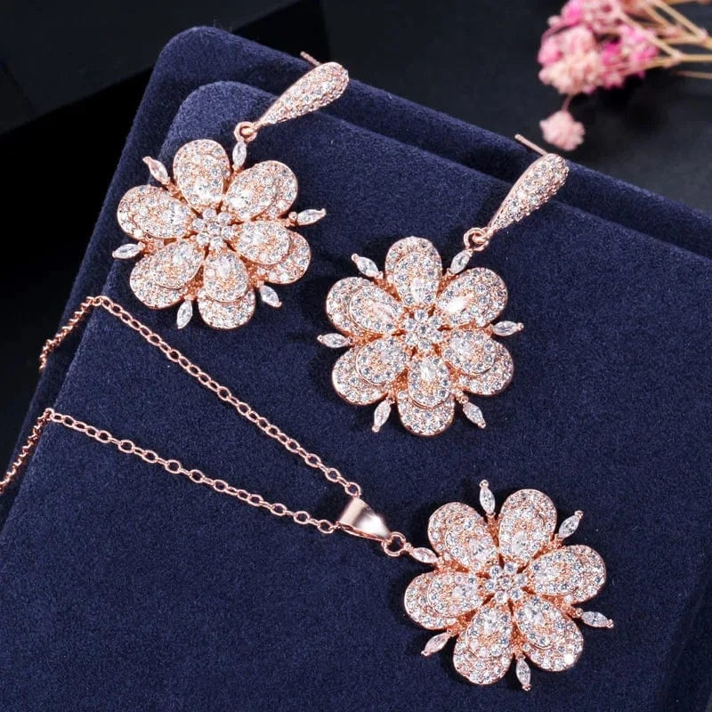 T0023 High Quality 3D Design Chic CZ Zirconia Crystal Rose Gold Color Flower Drop Earrings and Necklace Women Engagement Jewelry Sets