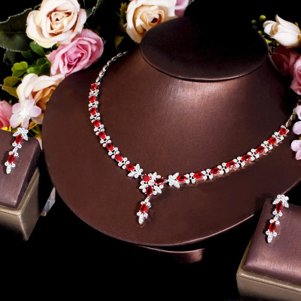 T0852 Elegant CZ Jewelry Oval Cut Ruby Cubic Zircon Stone Women Party Flower Red Crystal Necklace and Earrings Sets for Brides Wedding