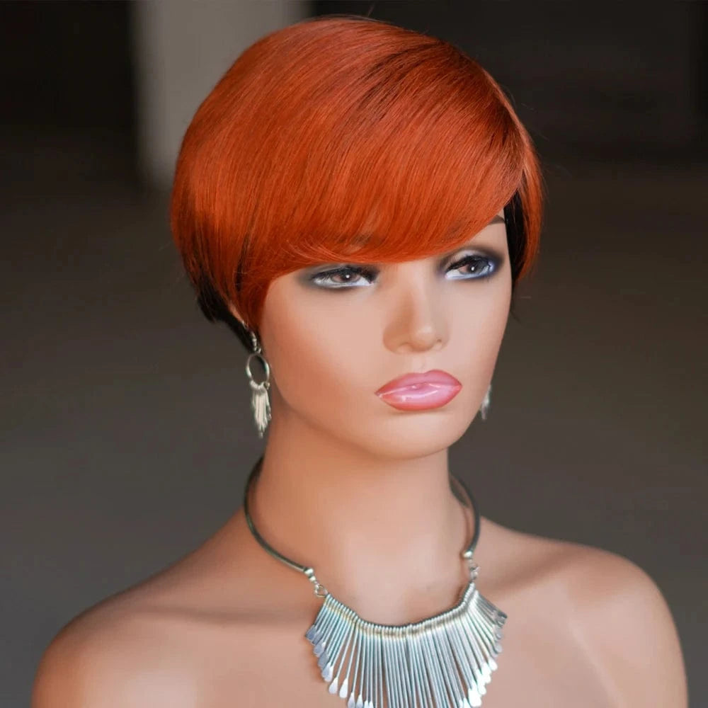 T1B/30 / None Lace / 6 Inches Cheap Glueless Machine Made Natural Color Wigs Human Hair, Short Pixie Cut Human Hair Wigs, Short Bob Wigs for Black Womens