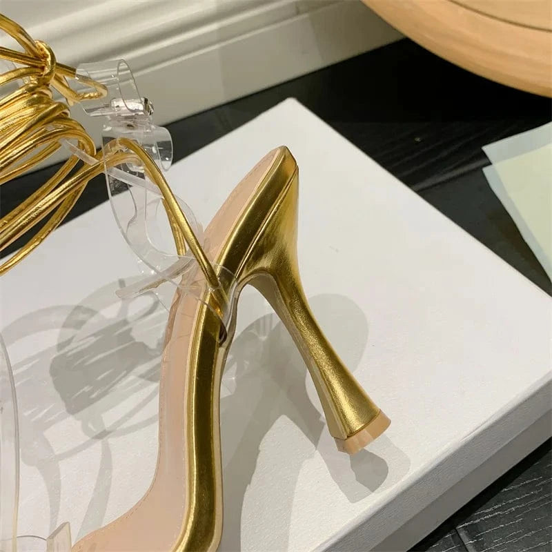 Talons Foreign Trade Women's Luxury Shoes Transparent Heels Pumps Fashion Rhinestone Bow PVC Lace up Sandals for Ladies