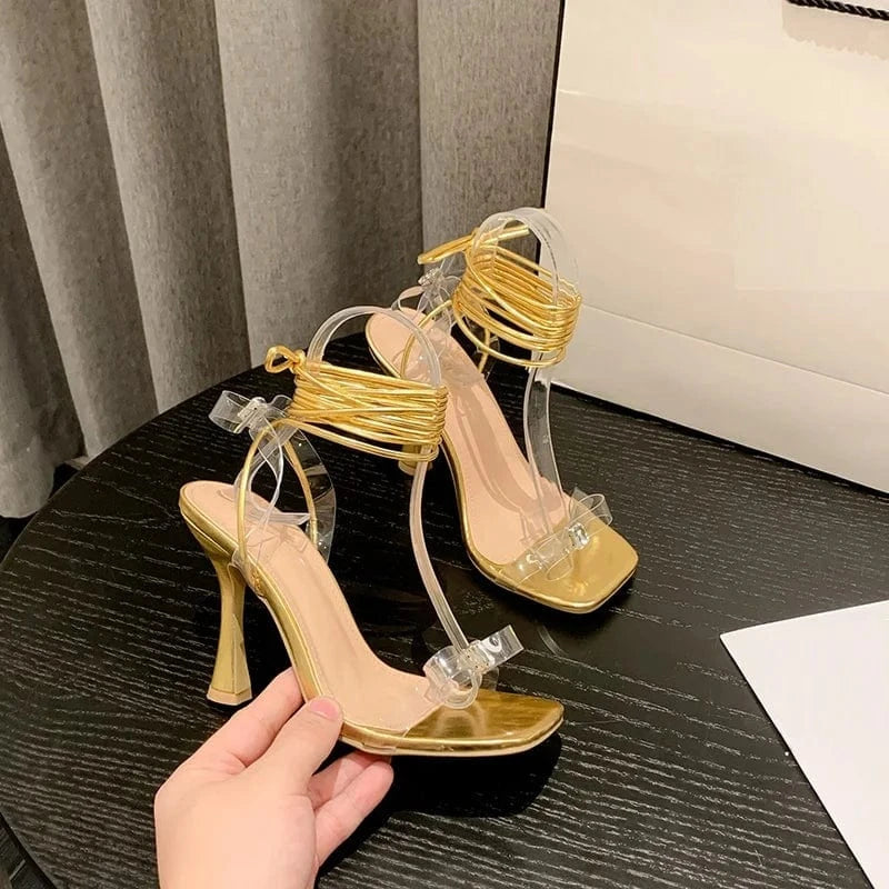 Talons Foreign Trade Women's Luxury Shoes Transparent Heels Pumps Fashion Rhinestone Bow PVC Lace up Sandals for Ladies