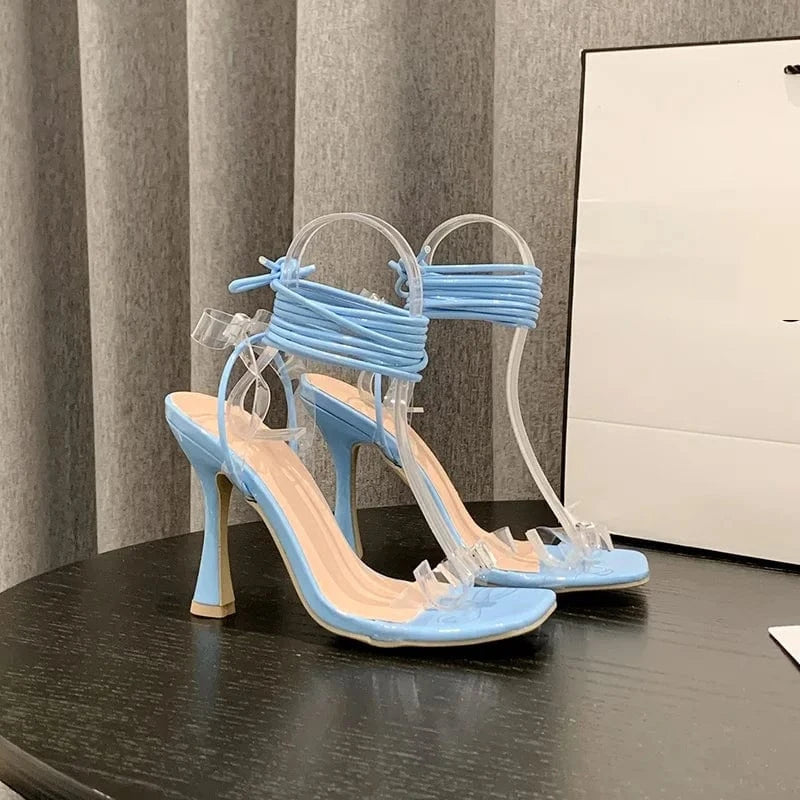 Talons Foreign Trade Women's Luxury Shoes Transparent Heels Pumps Fashion Rhinestone Bow PVC Lace up Sandals for Ladies