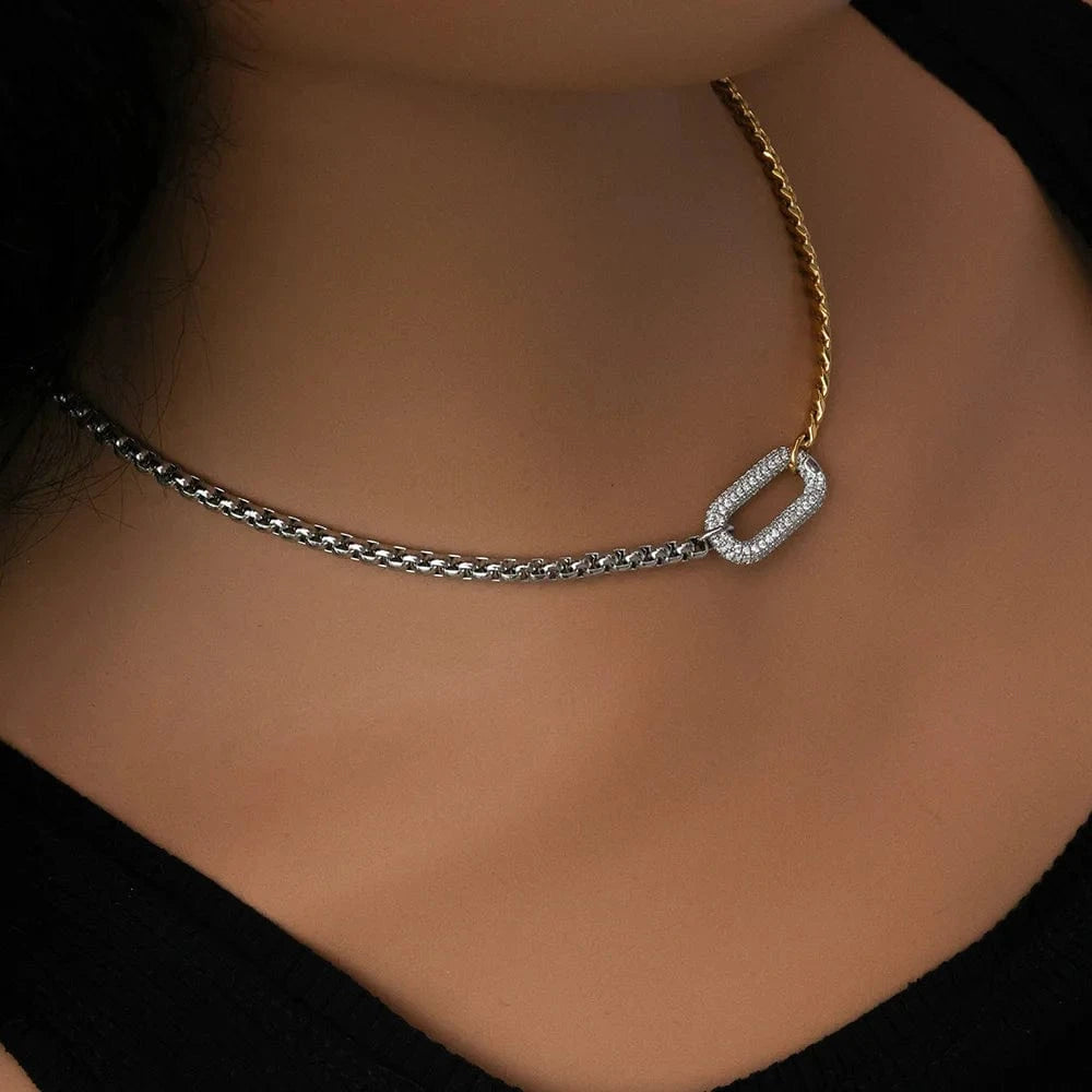 Tarnish Free 18k Gold Plated Stainless Steel Cuban Chain Splicing Chain Necklace Boho Oval Iced Out Zircon Lady Necklace YF5078