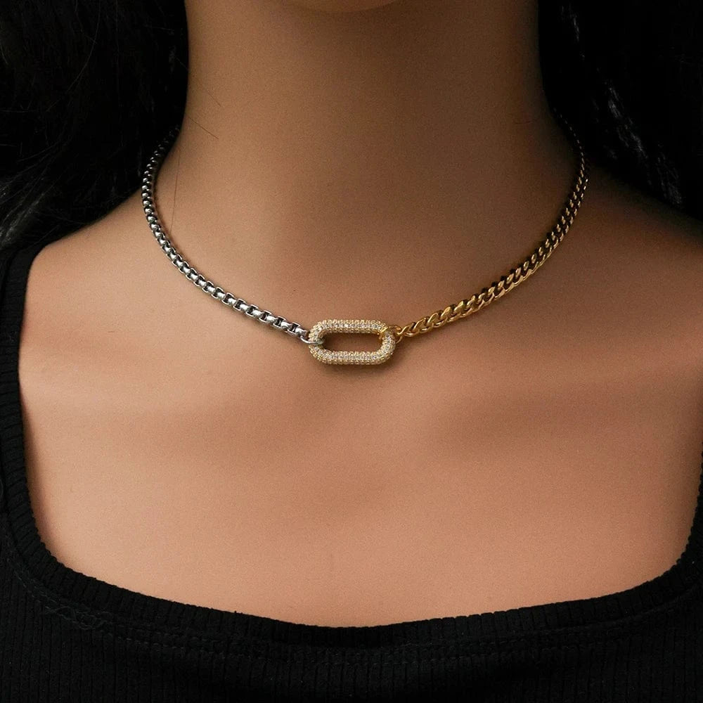 Tarnish Free 18k Gold Plated Stainless Steel Cuban Chain Splicing Chain Necklace Boho Oval Iced Out Zircon Lady Necklace YF5078