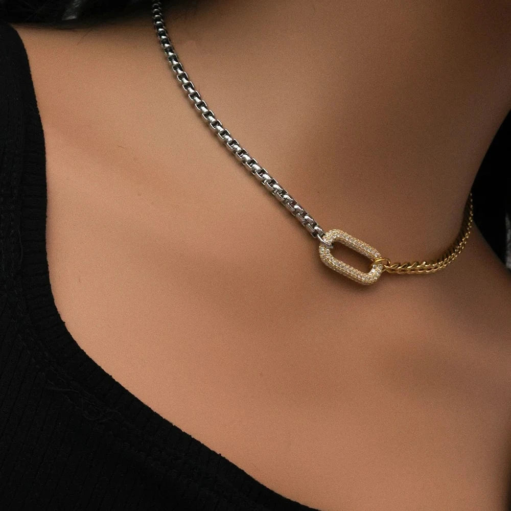 Tarnish Free 18k Gold Plated Stainless Steel Cuban Chain Splicing Chain Necklace Boho Oval Iced Out Zircon Lady Necklace YF5078