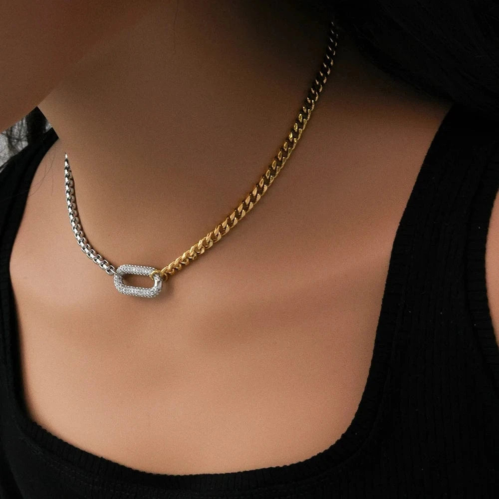 Tarnish Free 18k Gold Plated Stainless Steel Cuban Chain Splicing Chain Necklace Boho Oval Iced Out Zircon Lady Necklace YF5078