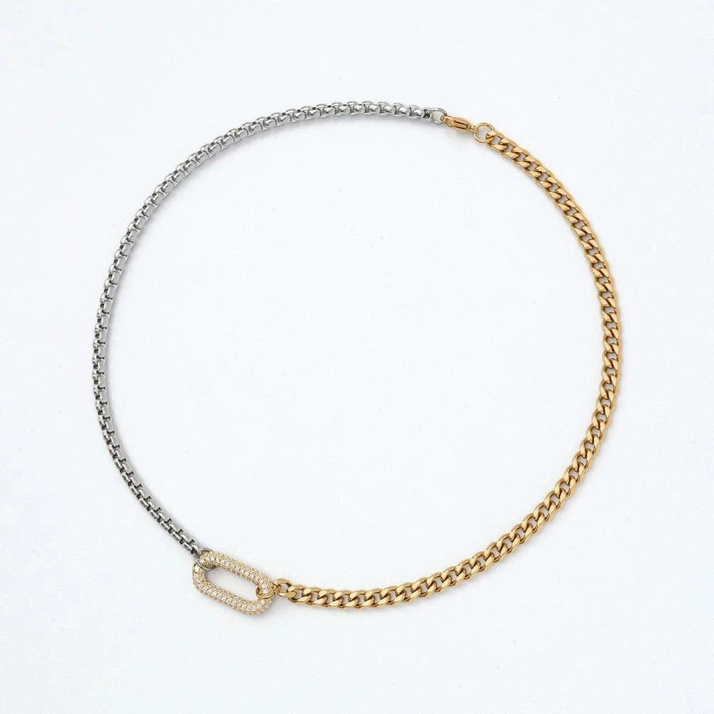 Tarnish Free 18k Gold Plated Stainless Steel Cuban Chain Splicing Chain Necklace Boho Oval Iced Out Zircon Lady Necklace YF5078
